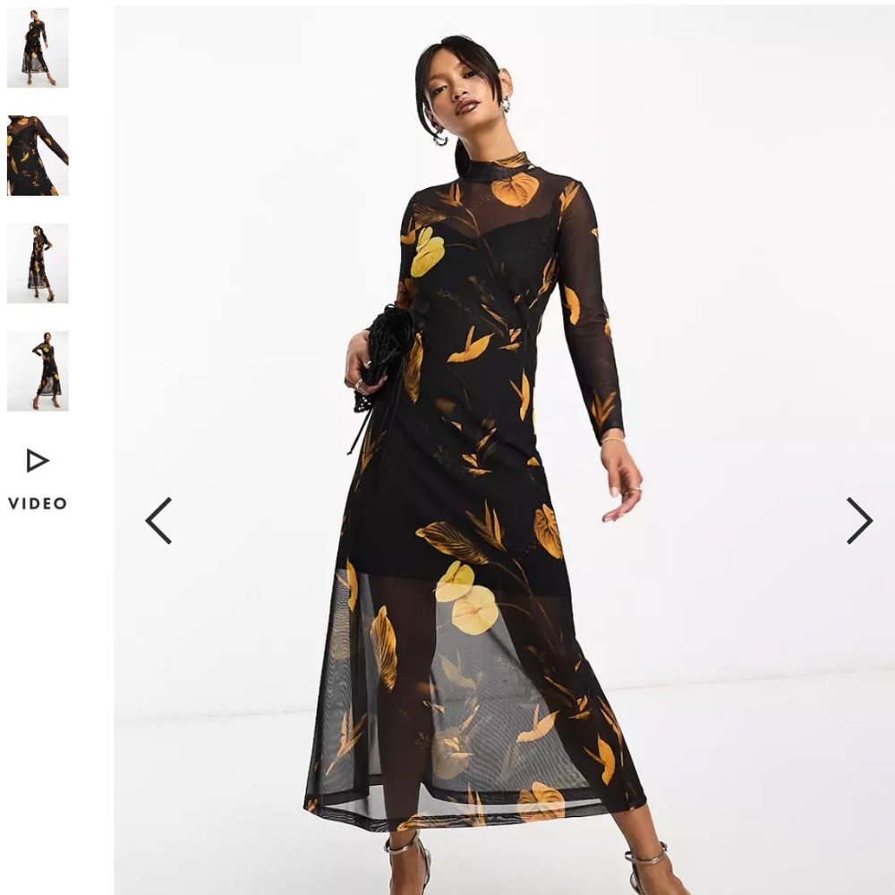 ALL SAINTS Aretha Black & Gold Floral Midi Mesh Dress Never Worn w/ tags